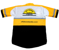 Off Shore Tackle White, Gold, Grey & Black Short Sleeve Embroidered Custom Pro Shirt, No Pocket (Note this item has a 6-8 week delivery time) 