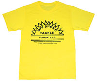 Off Shore Tackle Yellow Short Sleeve T Shirt With Black Silkscreen Logo, 50/50 Blend No Pocket