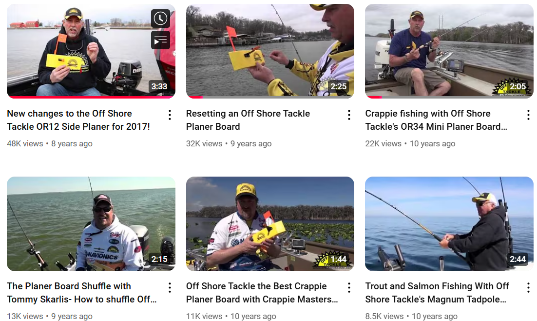 Thumbnails of Off Shore Tackle videos on the Off Shore Tackle YouTube channel