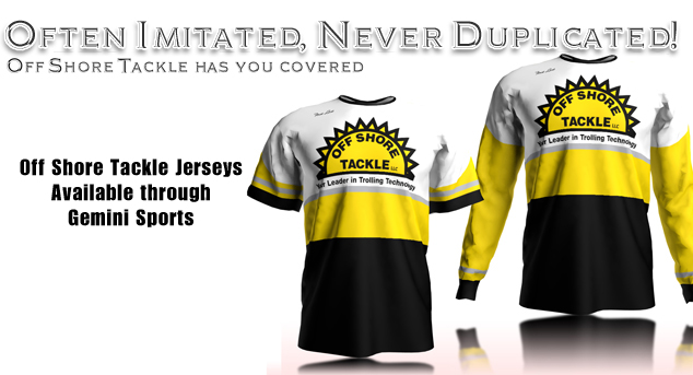 Off Shore Tackle jerseys in yellow, black and white, available through Gemini Sports
