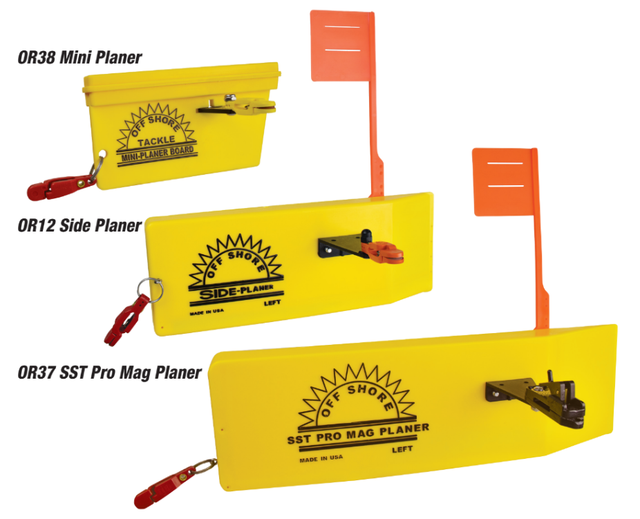 OR38 Mini Planer, OR12 Side Planer and OR37 SST Pro Mag Planer, three yellow in-line planer boards