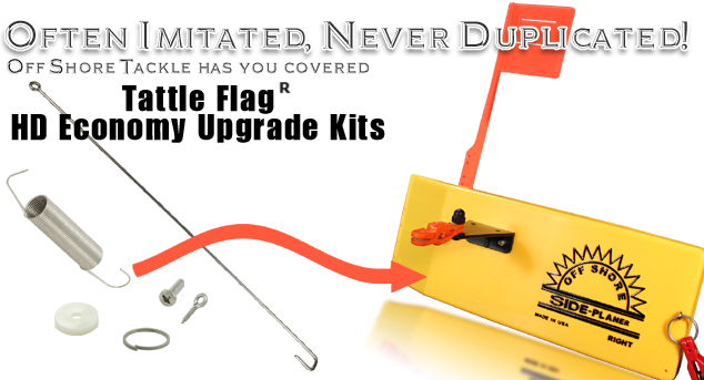 Off Shore Tackle Tattle Flag HD Economy Upgrade Kit parts beside an OR12 Side Planer with an orange flag