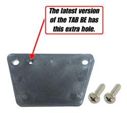 TAB BE replacement tab with two screws; the latest version has an extra hole, marked with an arrow